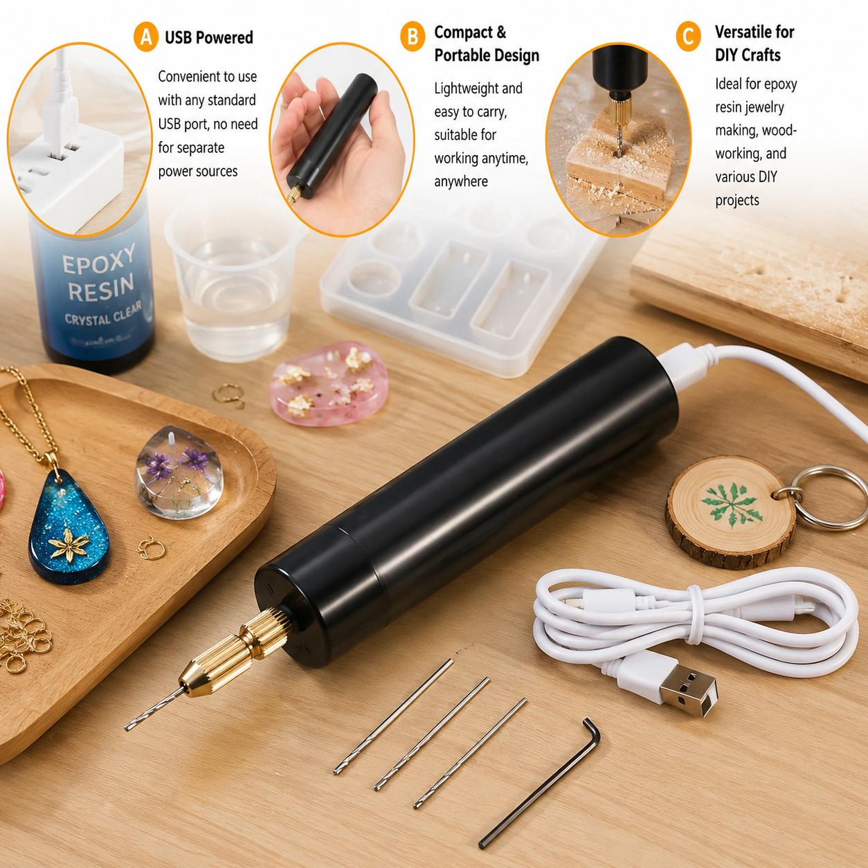 Resin Art A Keychain - مثقاب كهربائي صغير يعمل بالـ USB،
